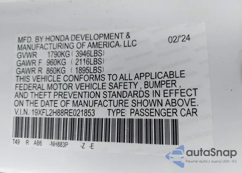 2024 Honda Civic Sport from USA, damaged, VIN 19XFL2H88RE021853